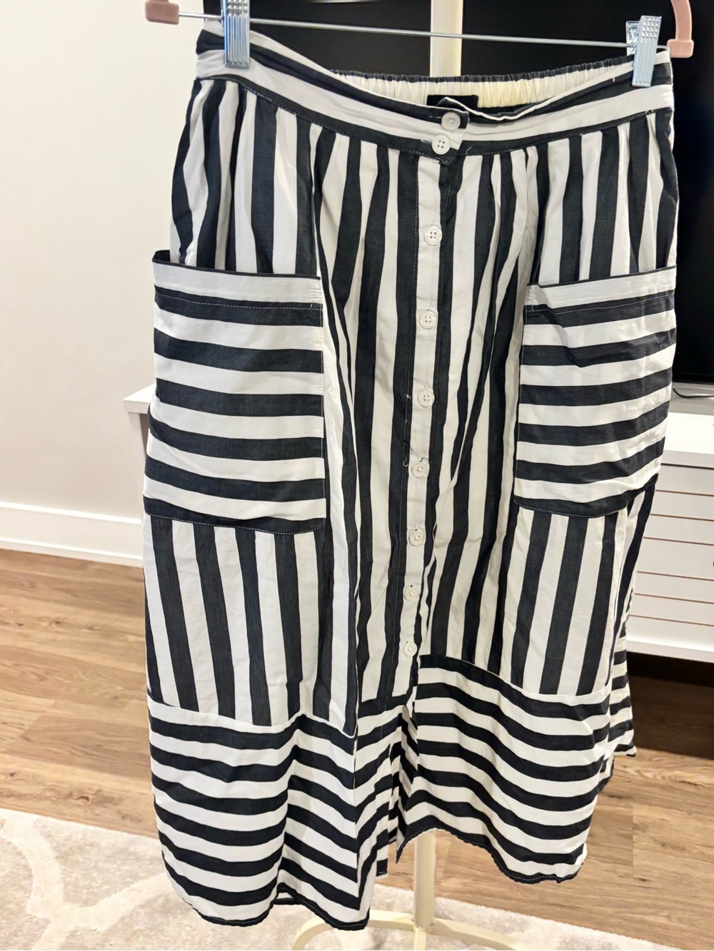 Who What Wear Black and White Striped Button-Front Midi Skirt